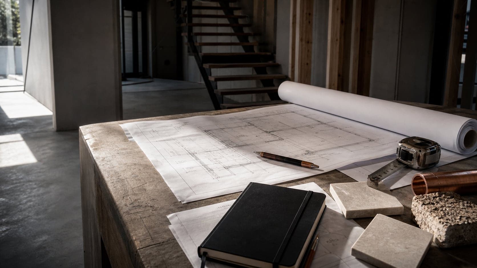 Residential construction planning table with drawings and materials