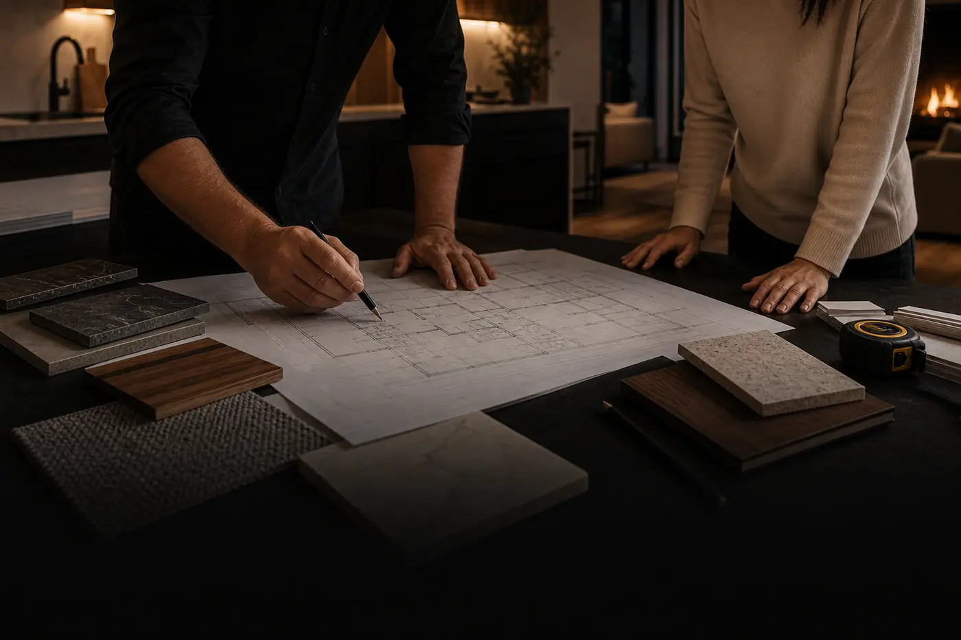 Builder-client consultation reviewing residential construction plans
