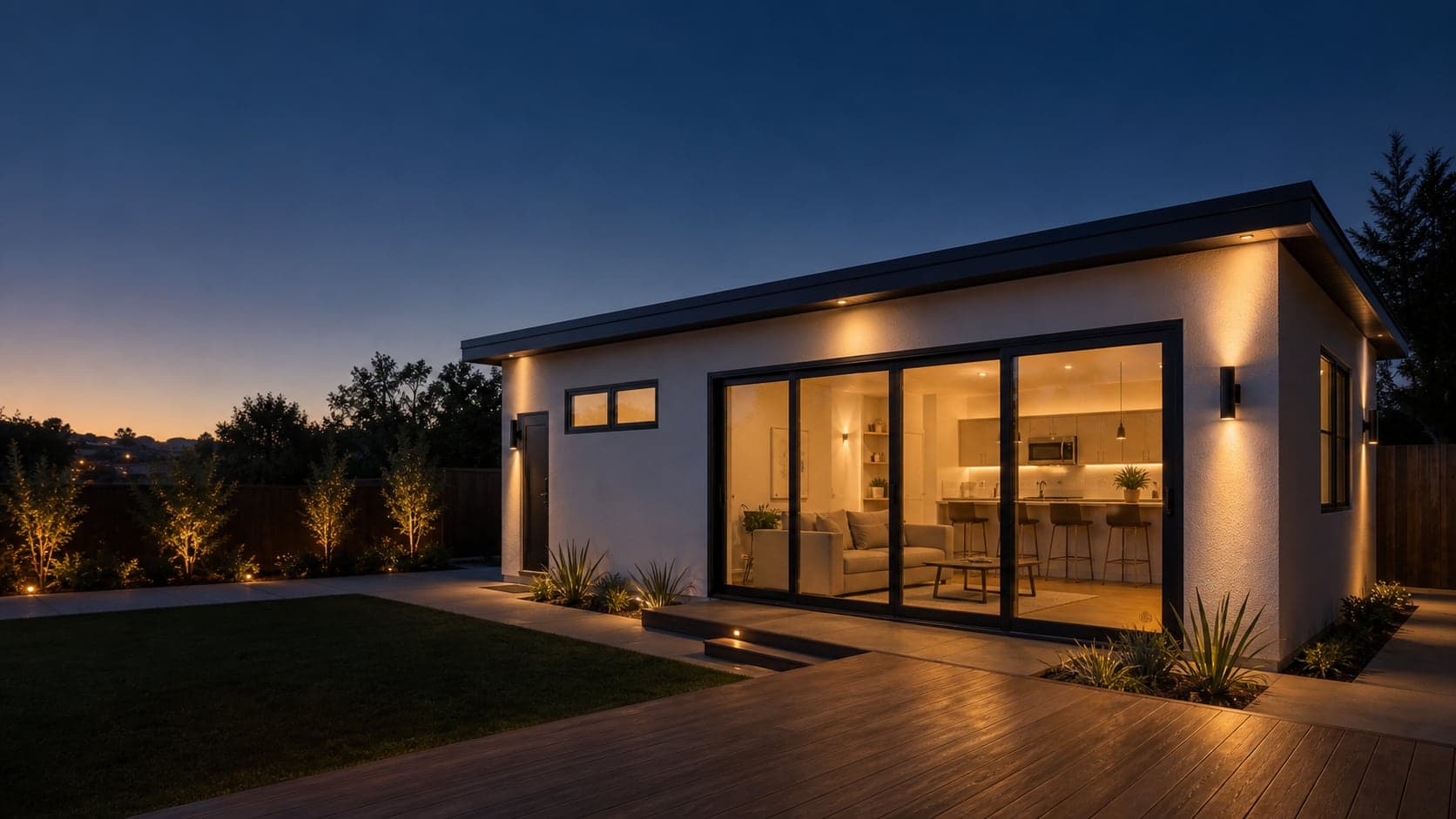 Modern ADU and outdoor living build at blue hour