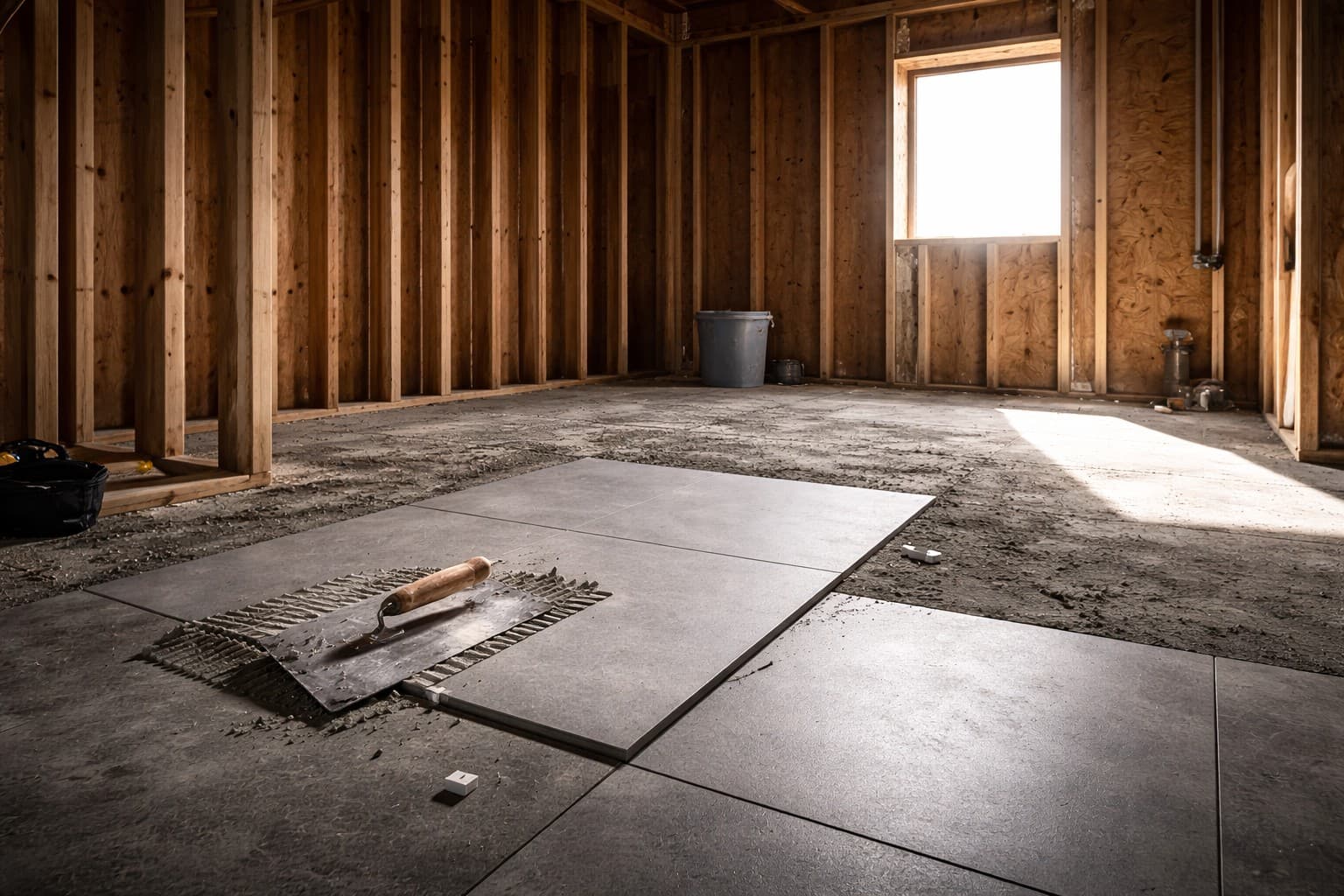 Framed construction interior for 828 Construction services