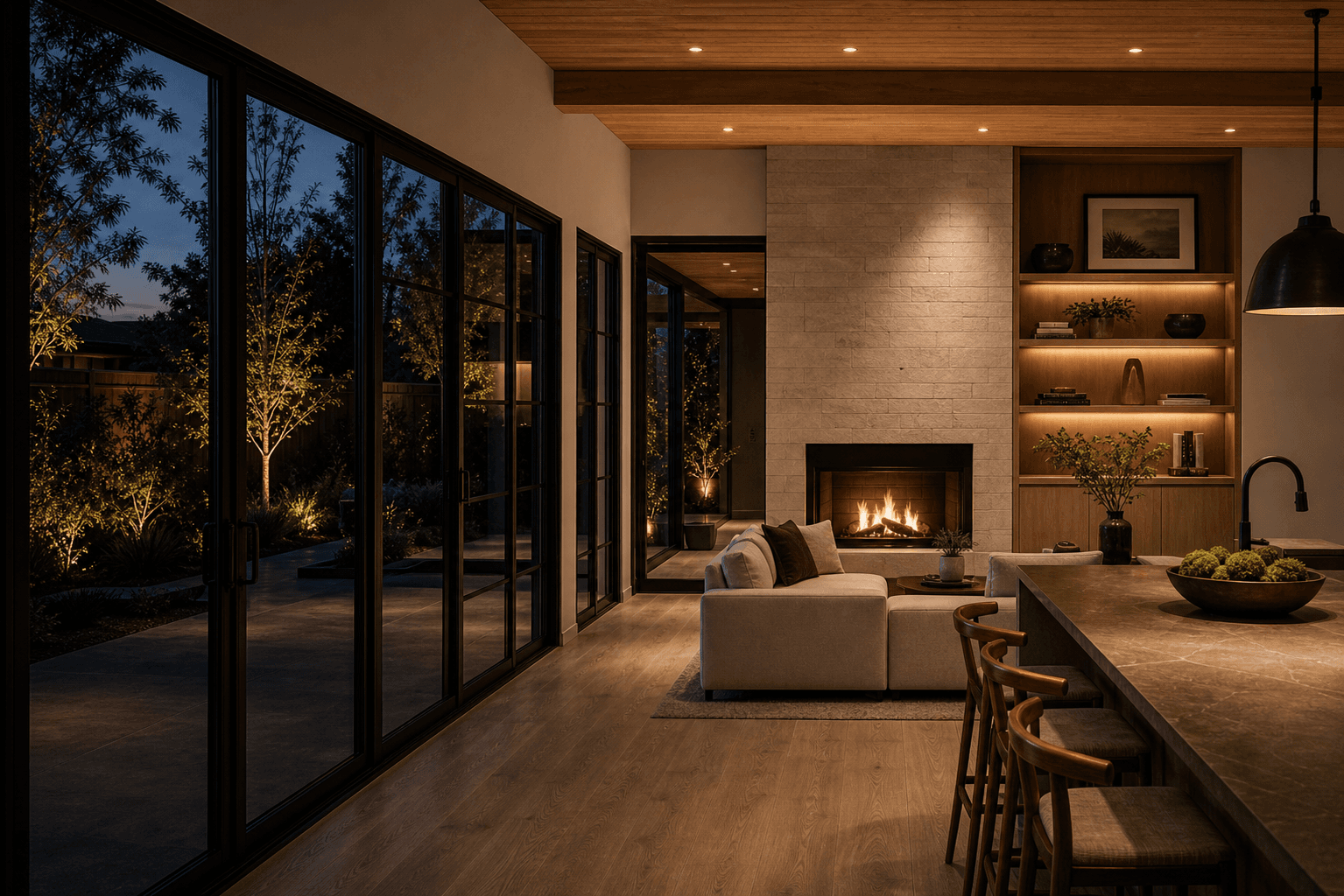 Finished custom interior with stone fireplace, built-in shelving, and warm residential craftsmanship