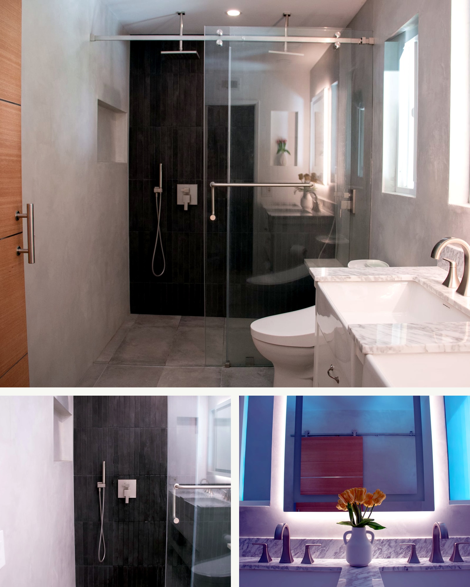 Cerritos Residence bath remodel overview with glass shower, dark feature tile, vanity, and finish details