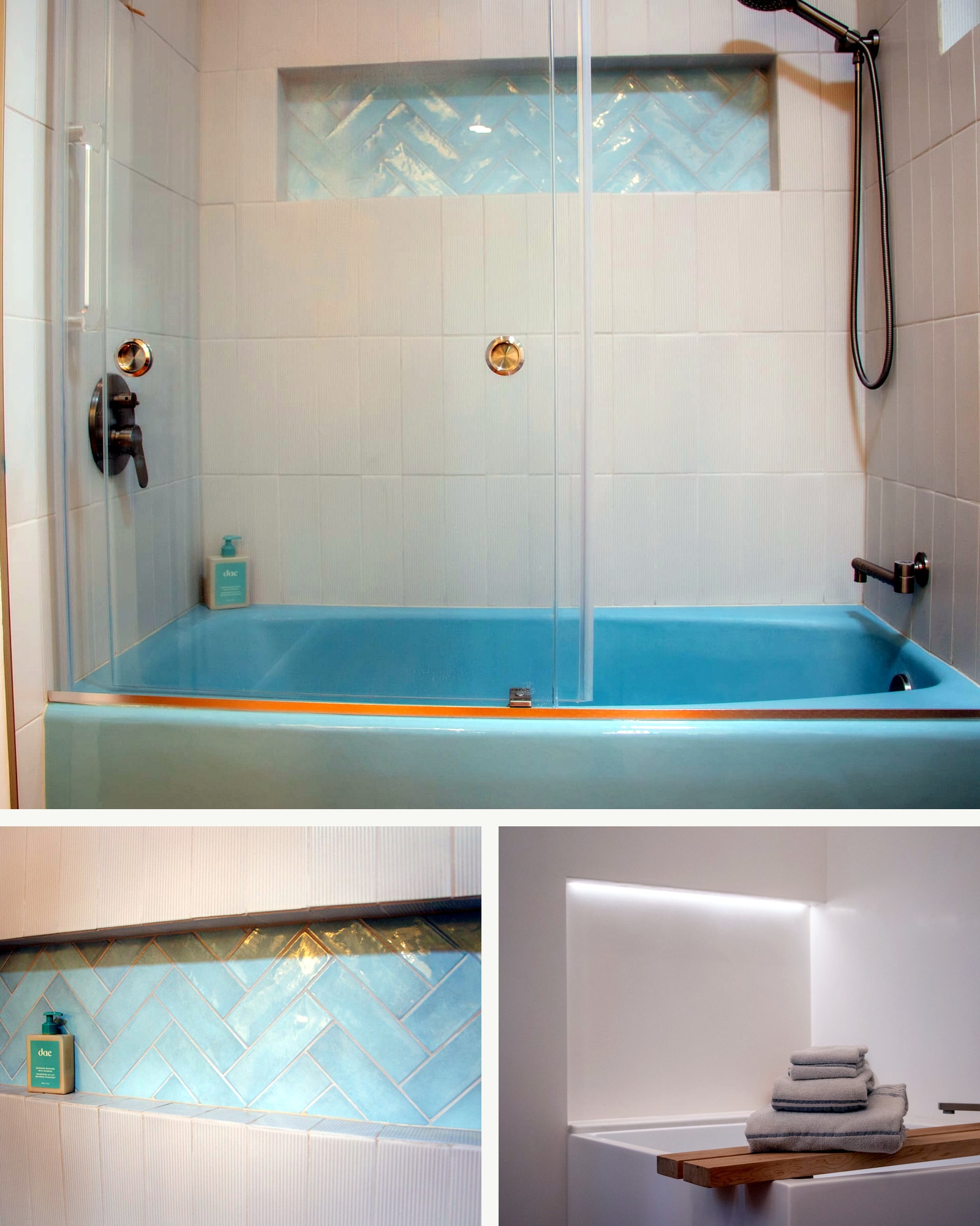 Tustin Residence bath refresh with blue tub, glass shower, tile work, lighting, and finish details