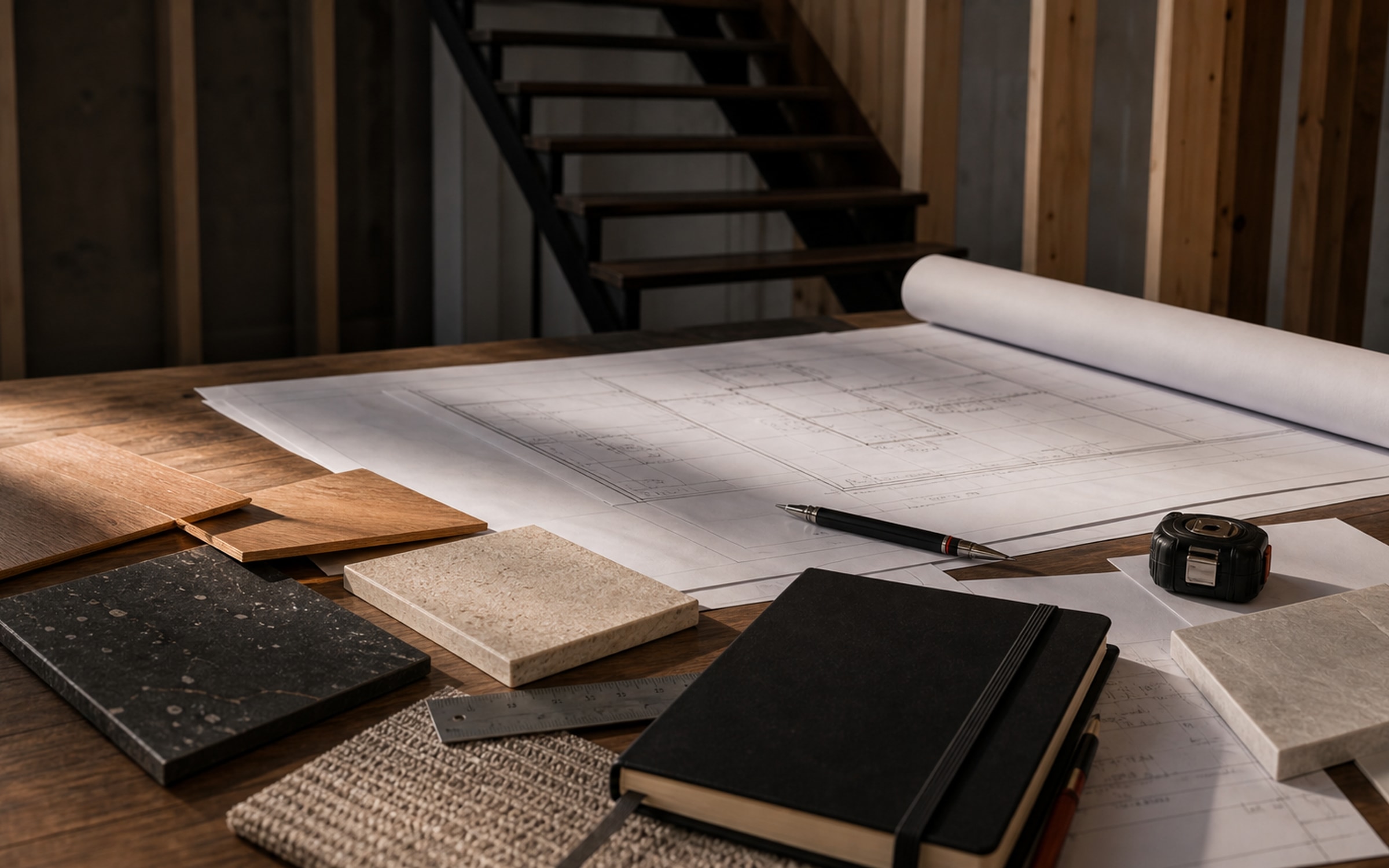 Residential construction planning table with drawings and materials