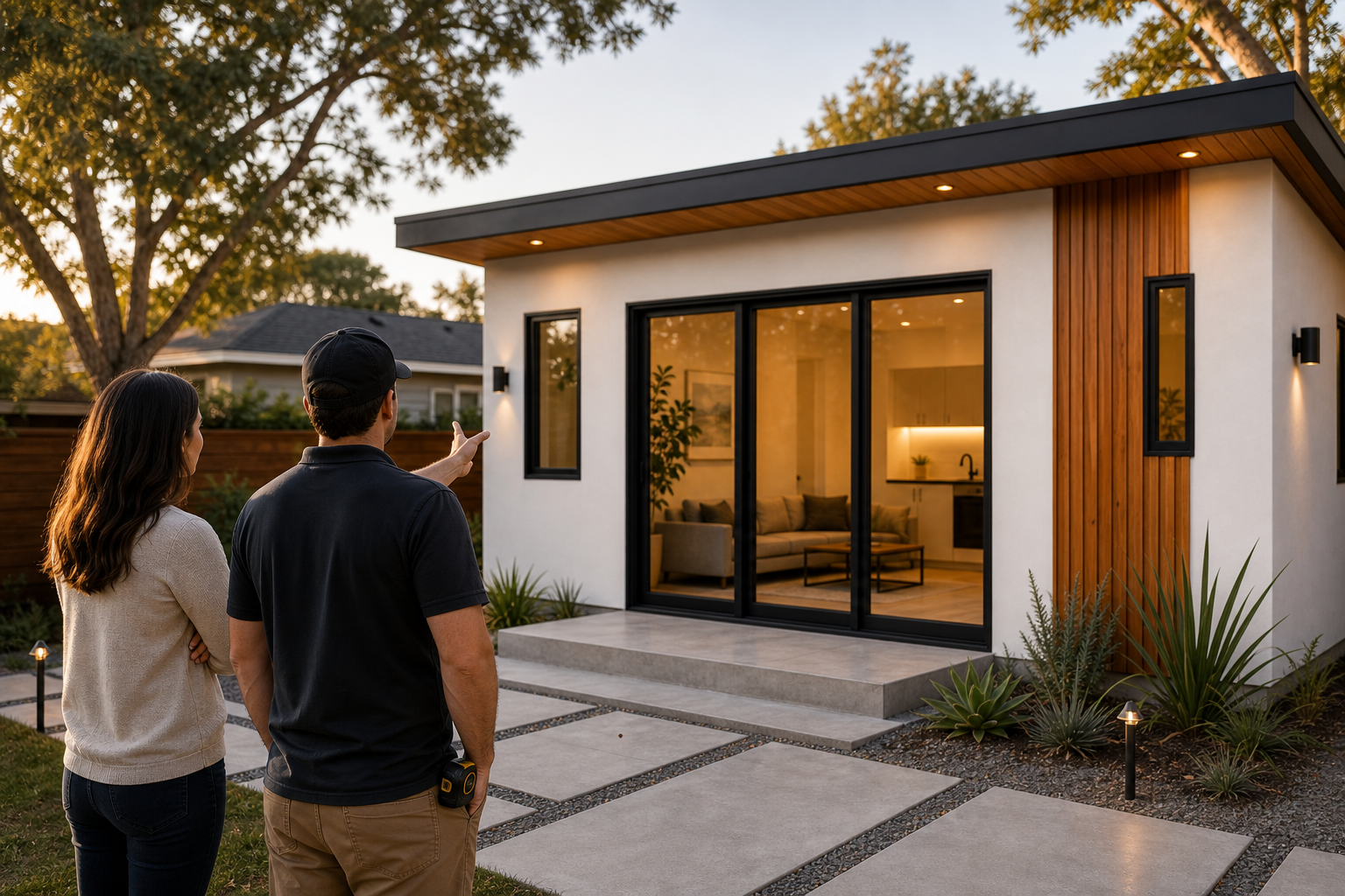 Contractor and homeowner reviewing a completed ADU exterior together