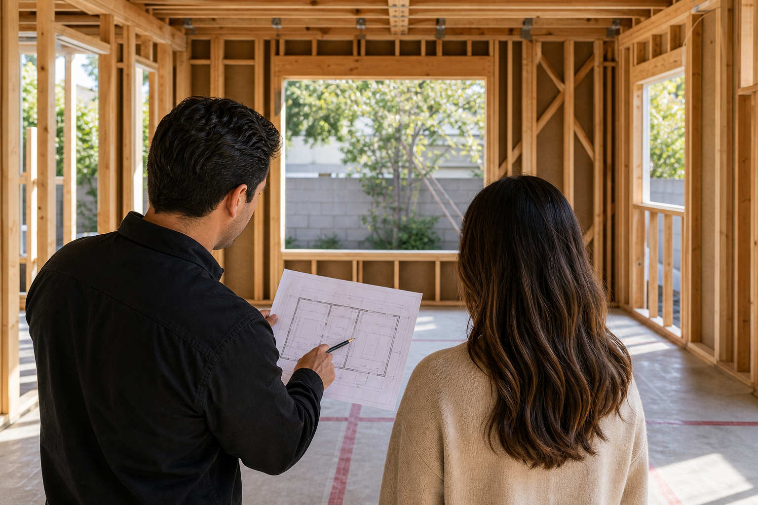 Contractor guiding a homeowner through organized ADU framing in progress