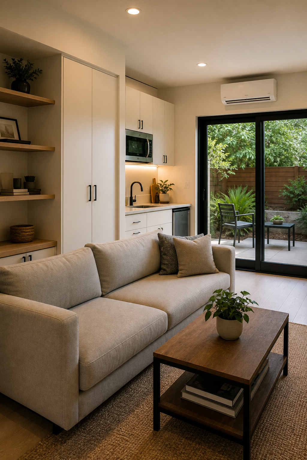 Finished compact ADU interior with warm kitchen and living area