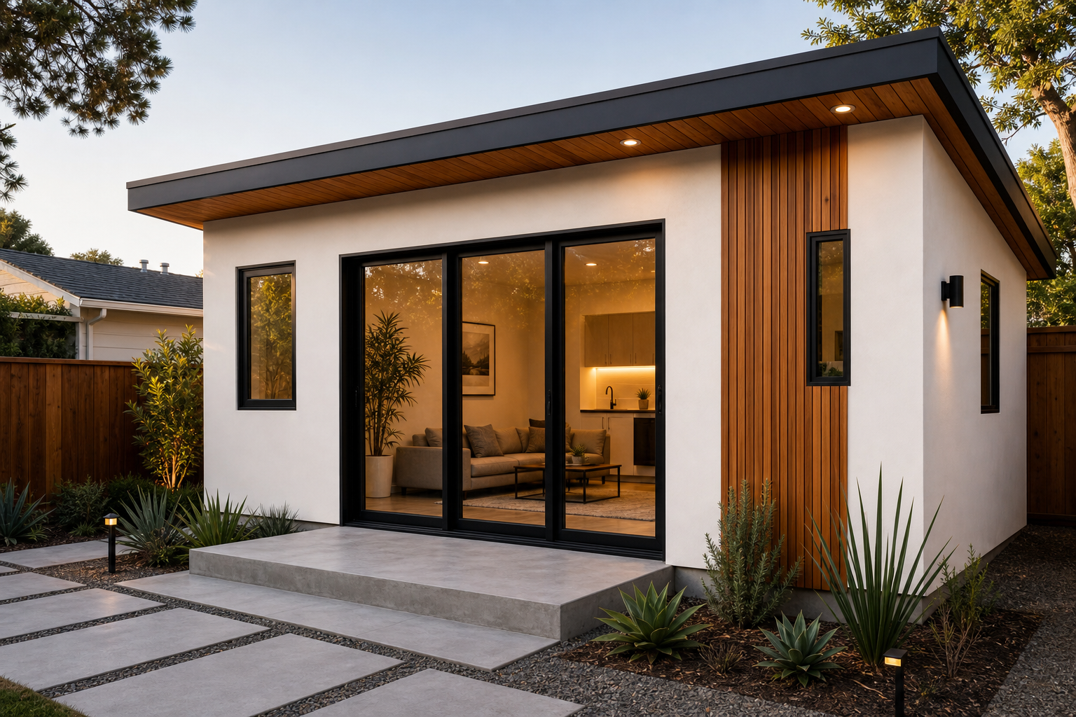 Modern detached ADU exterior with warm wood, black-framed doors, and drought-tolerant landscaping