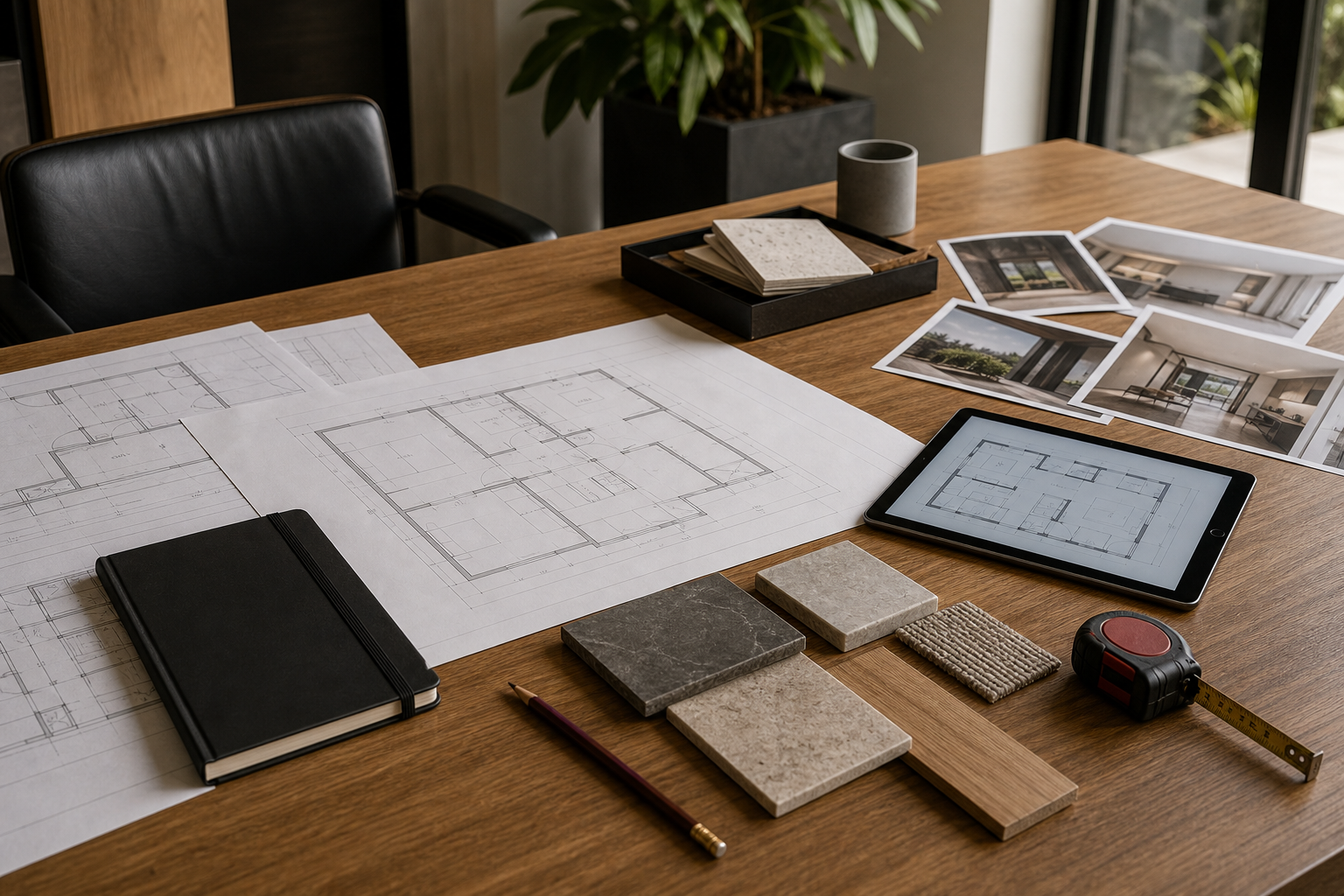 Consulting session over construction plans and material samples