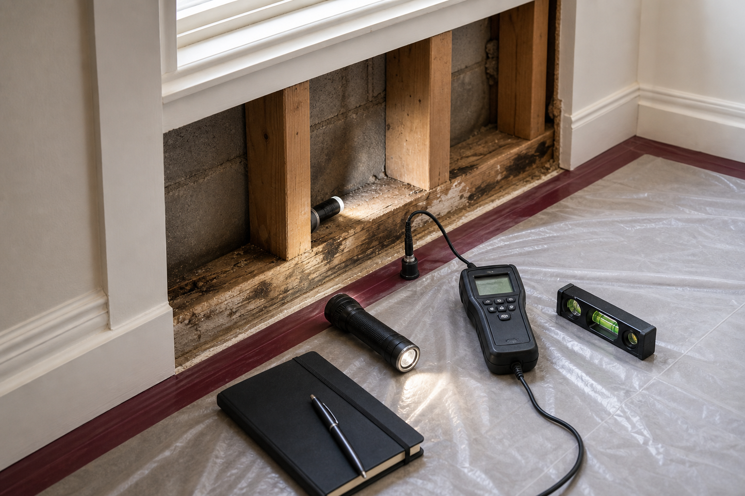 Construction consultant inspecting an opened residential wall condition