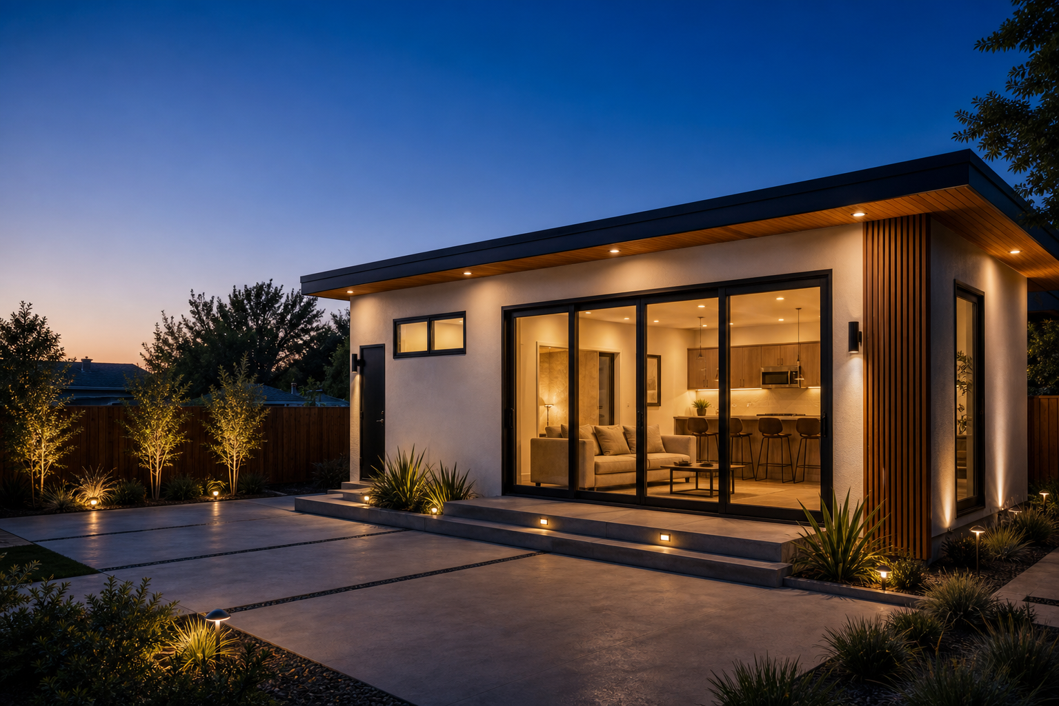 Modern South Bay ADU with warm interior lighting at blue hour