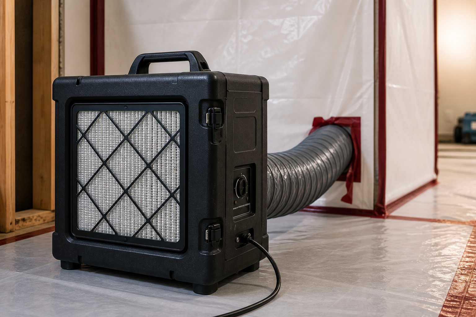 Portable air filtration equipment in a clean remediation workspace