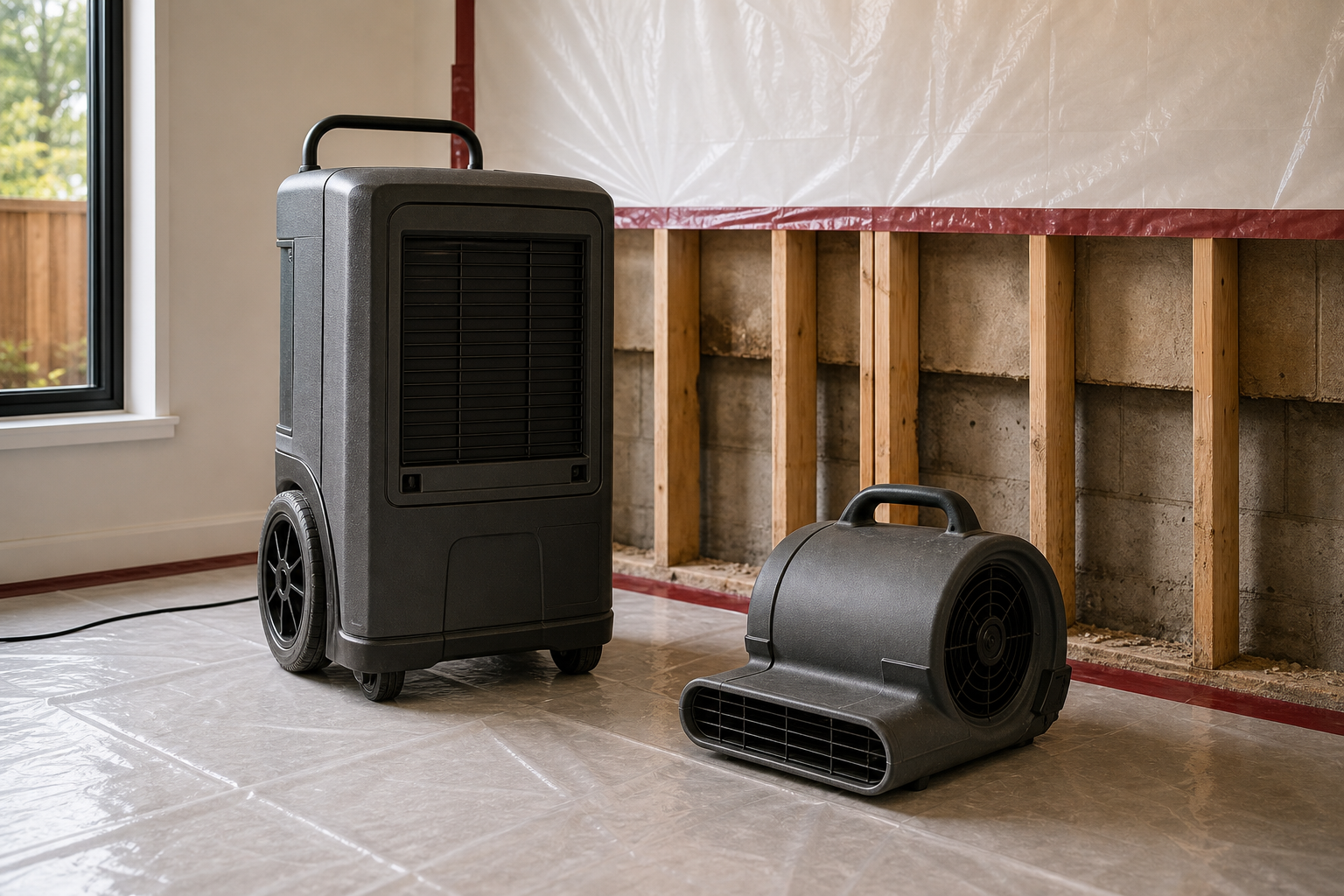 Professional moisture control equipment in a contained remediation workspace