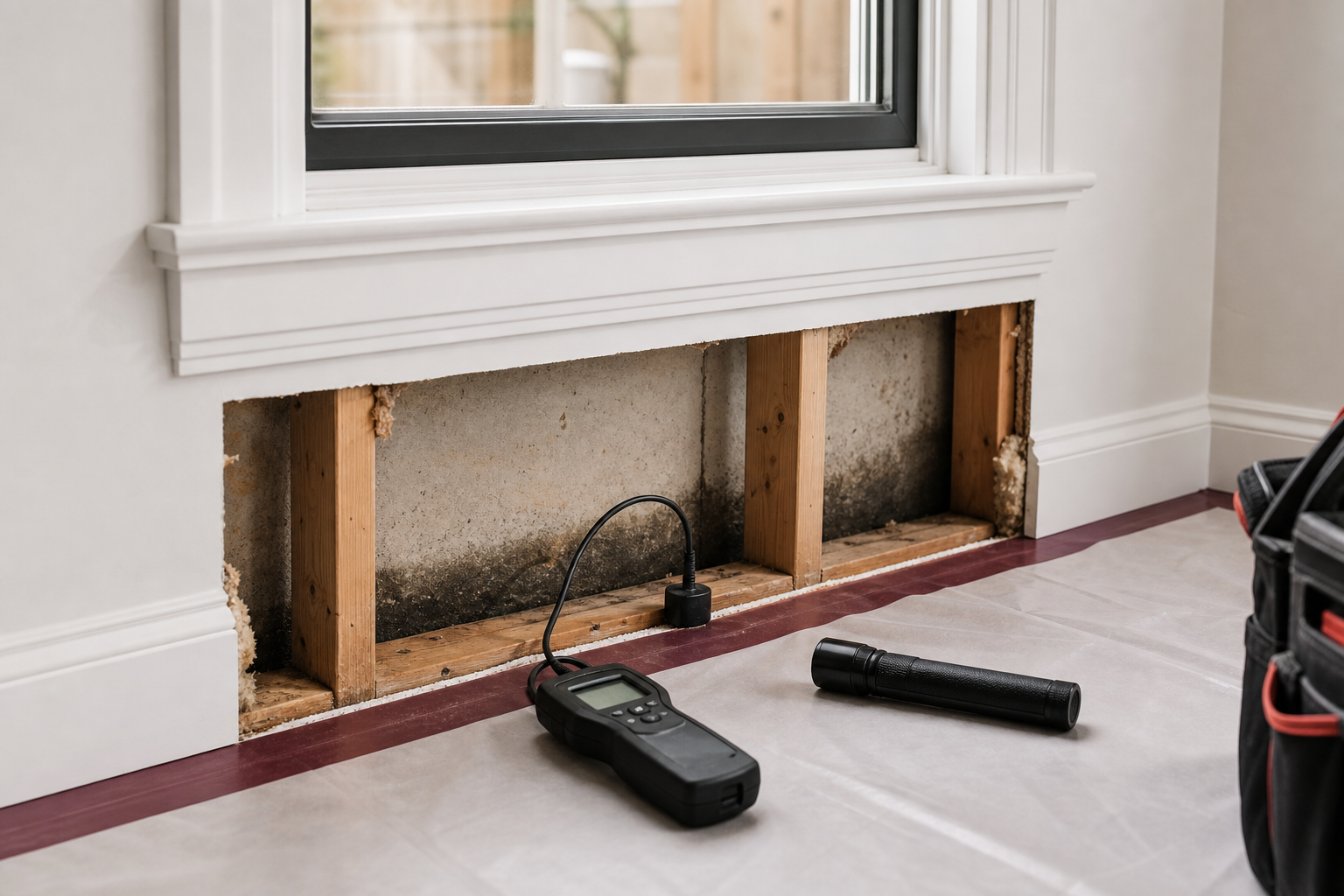Moisture intrusion inspection at an opened residential wall section
