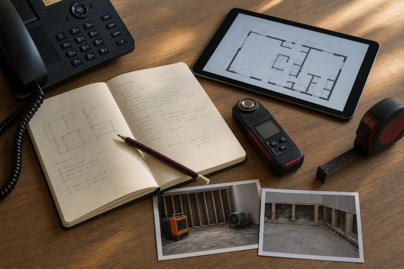 Initial remediation call setup with project notes, plans, and phone