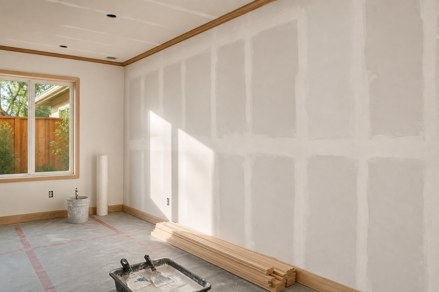 Clean residential rebuild with new drywall after remediation