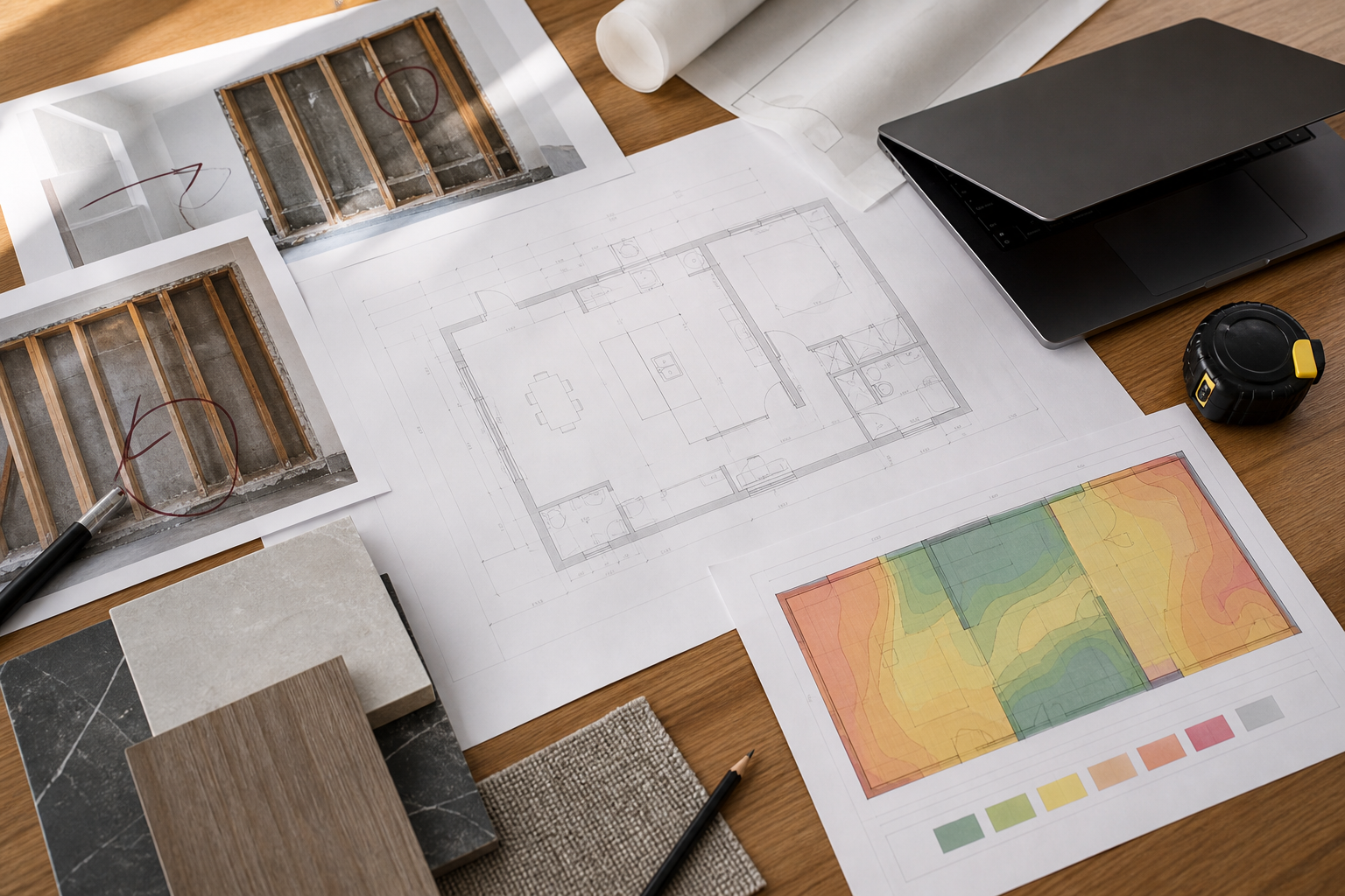 Remediation scope of work documents, floor plans, and marked project photos