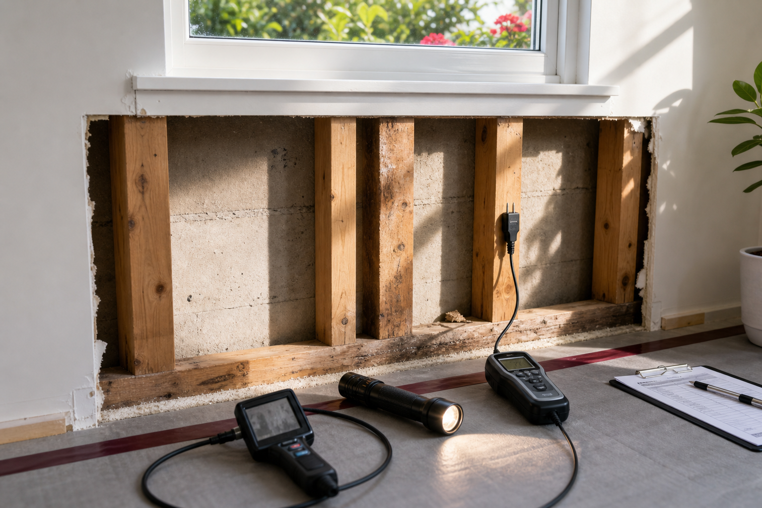 Moisture testing at an opened residential wall during remediation inspection