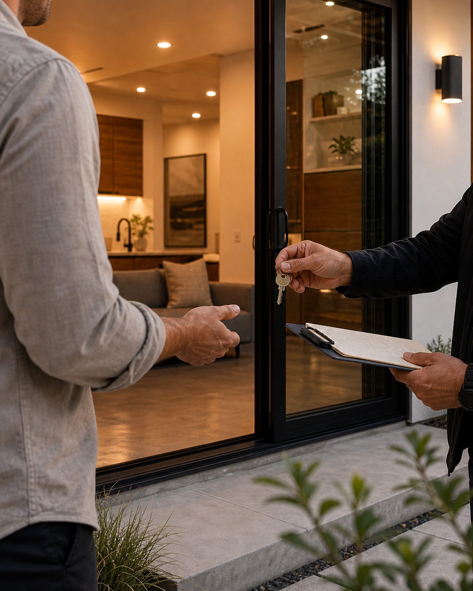 Final walkthrough at a completed residential project with contractor and homeowner