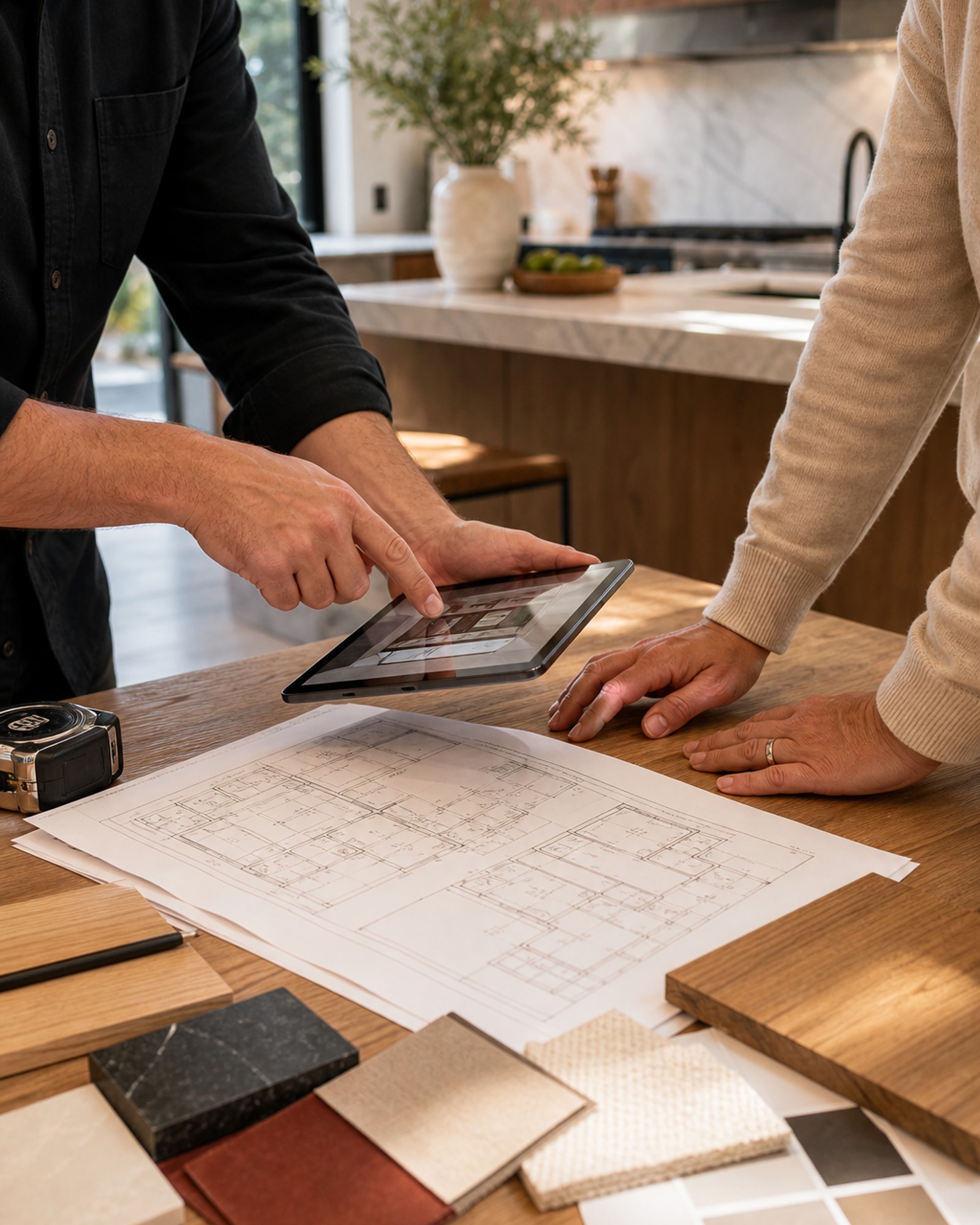 Contractor and homeowner reviewing plans, material samples, and project details together