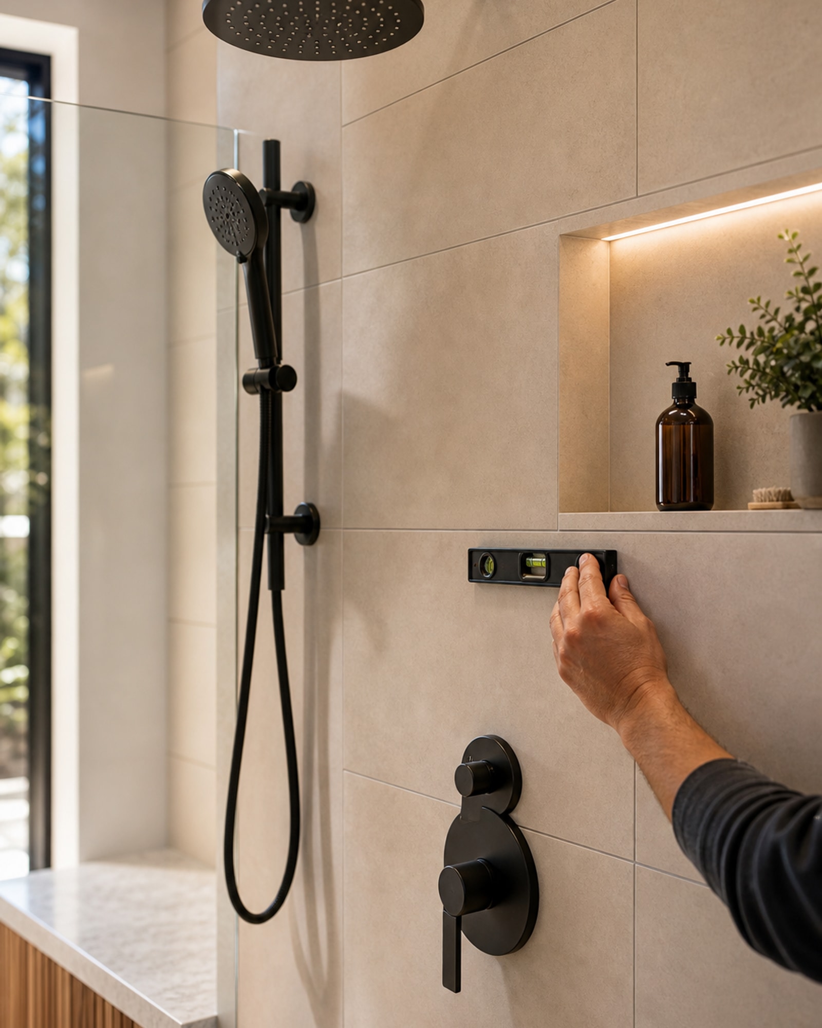 Finished shower detail with precise tile, black fixtures, and aligned finish work