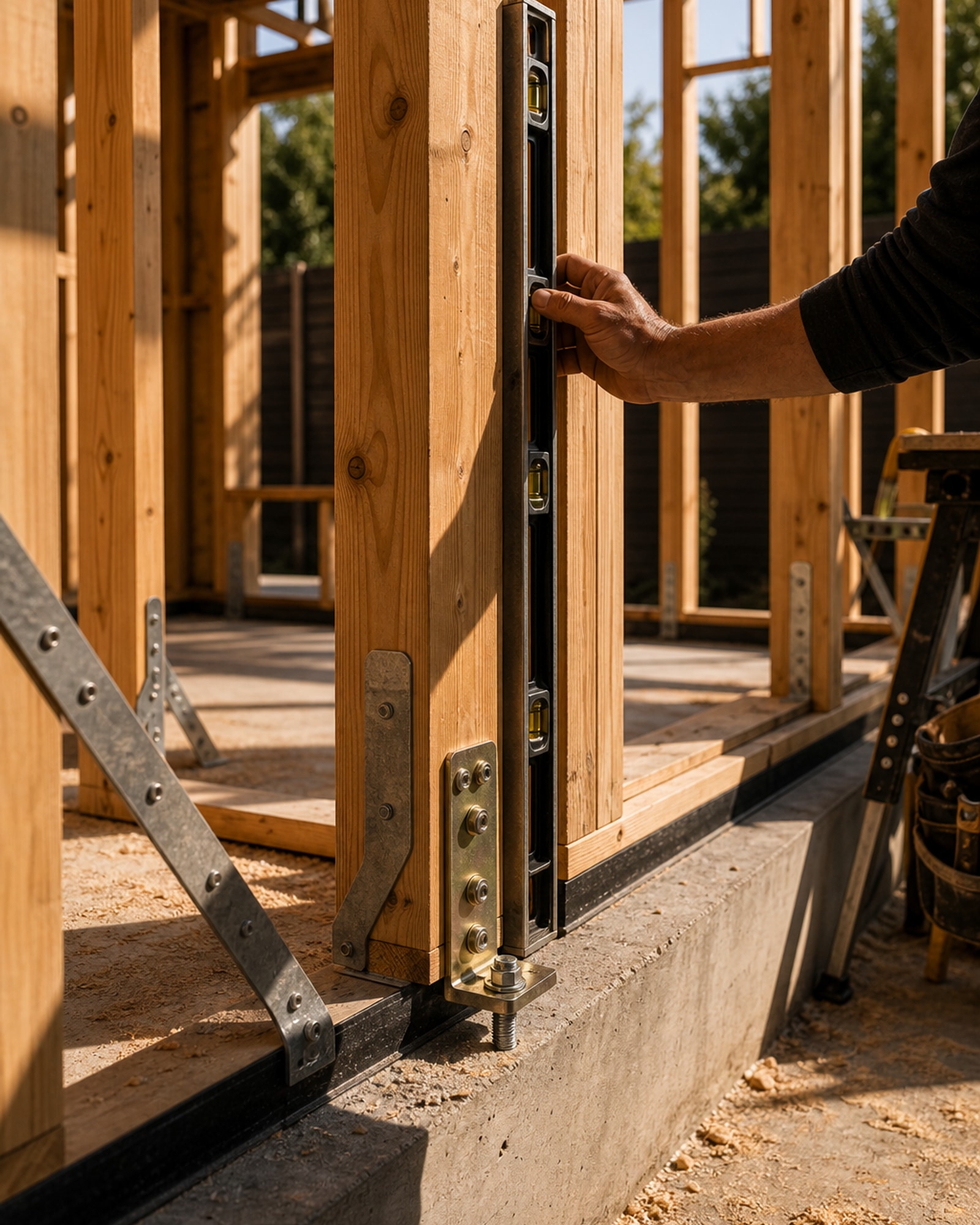 Residential framing hardware and structural members checked for alignment