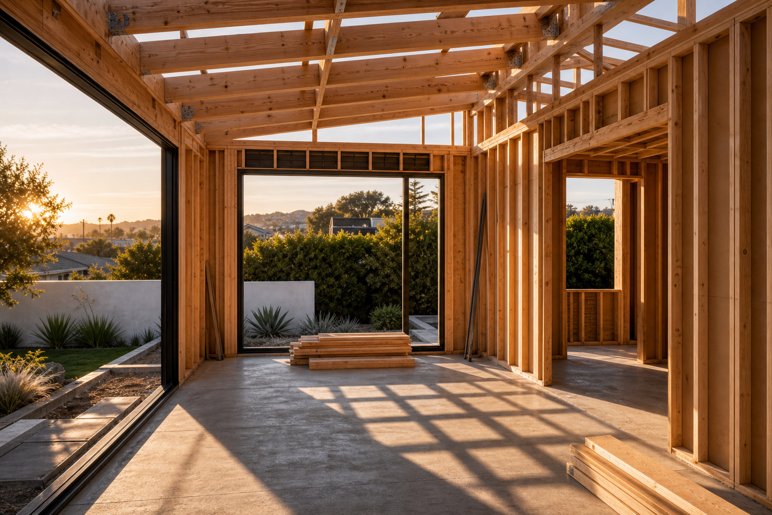 Clean residential construction framing progressing toward a finished vision