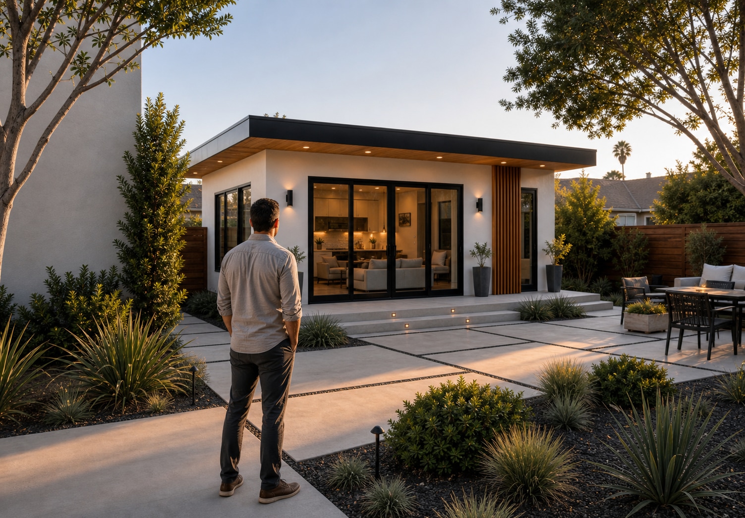 Homeowner admiring a completed ADU-style residential project